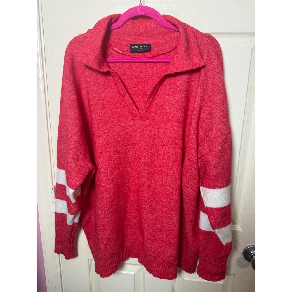 Lane Bryant Womens Pink Varsity Stripe V-Neck Poloโ Sweater Plus Size 22/24